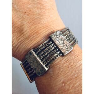 Brighton Silver Tone Braided Cable Bracelet Vintage Look Floral Hearts